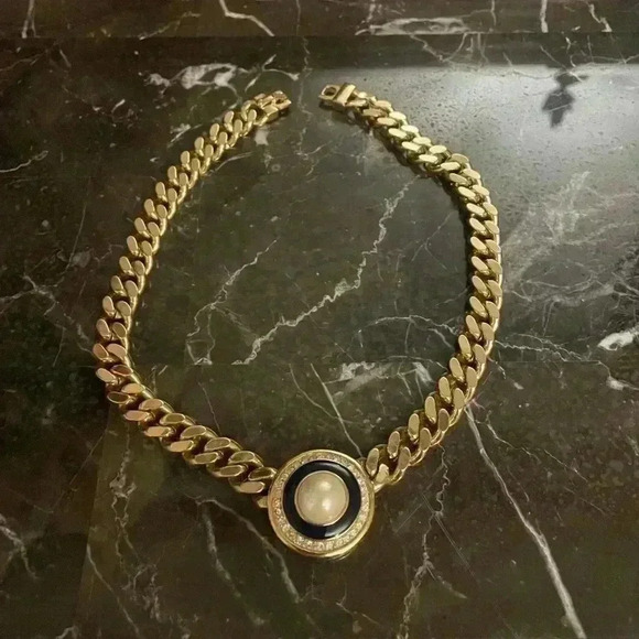 Rare Vintage Christian Dior Gold Plated Pearl and Crystal Collar Choker Necklace - Picture 1 of 14